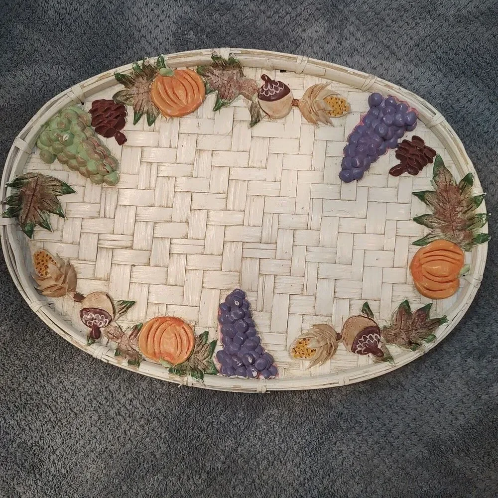 Vtg Woven Basket Platter Fall Fruit Pumpkins Clay Hand Painted Multi Use 14